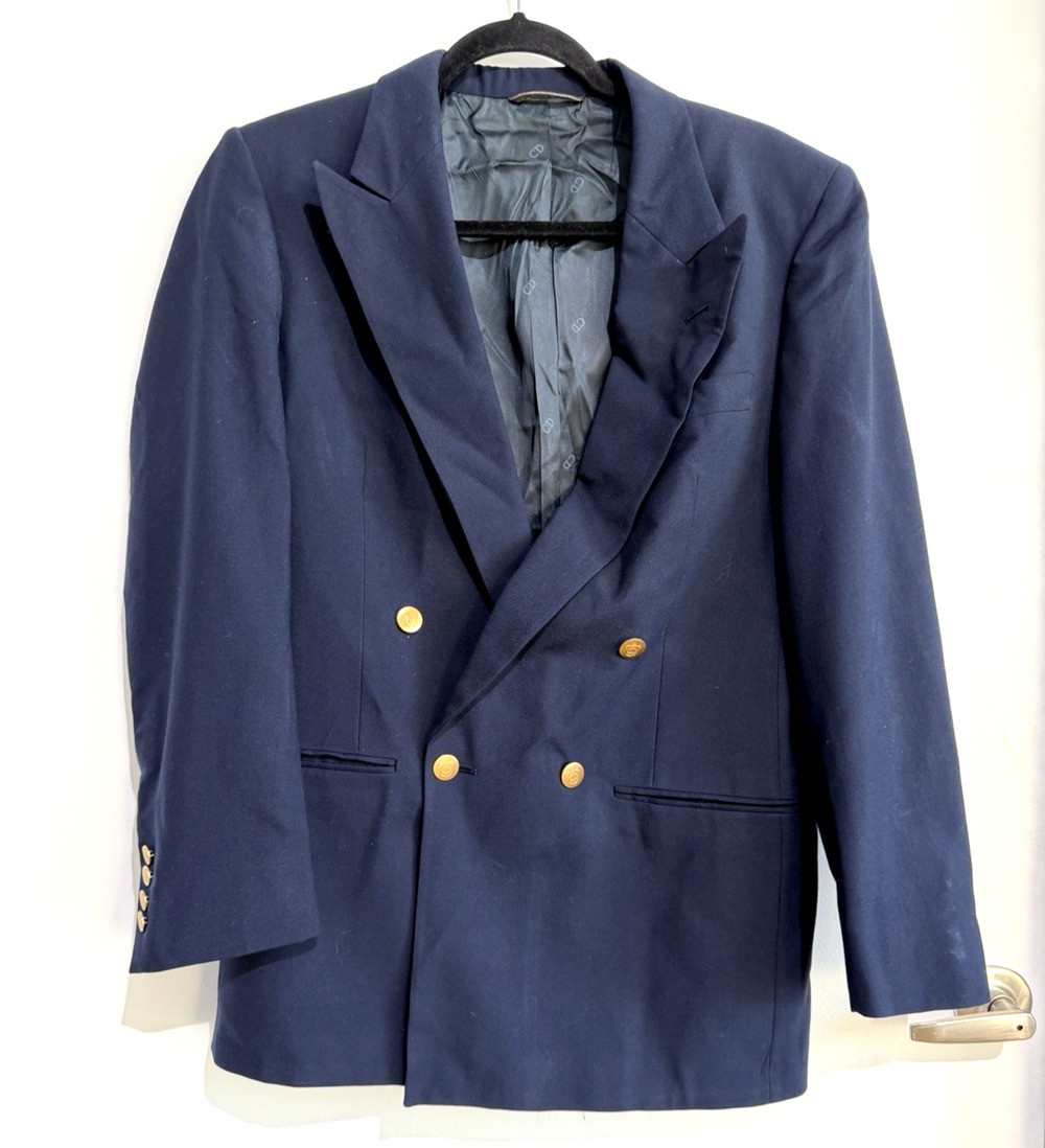 Vintage Christian Dior Navy Double Breasted Blazer Gold Crest button 39R USA